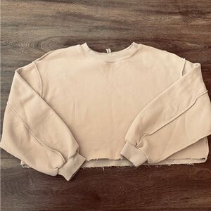 Cropped Raw-Hem Sweatshirt Top - Beige